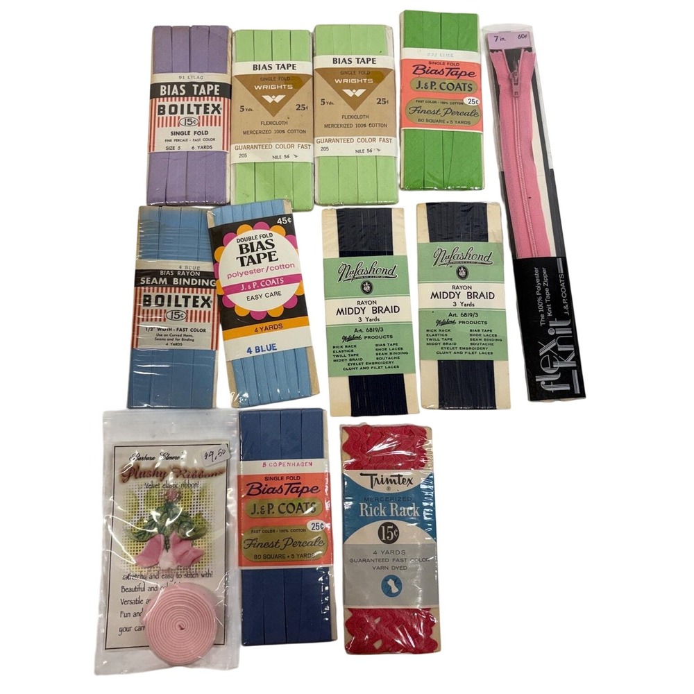 Vintage Sewing‎ Notions Lot Wrights J&P Coats Bias Tape Rick Rack Braid Zipper